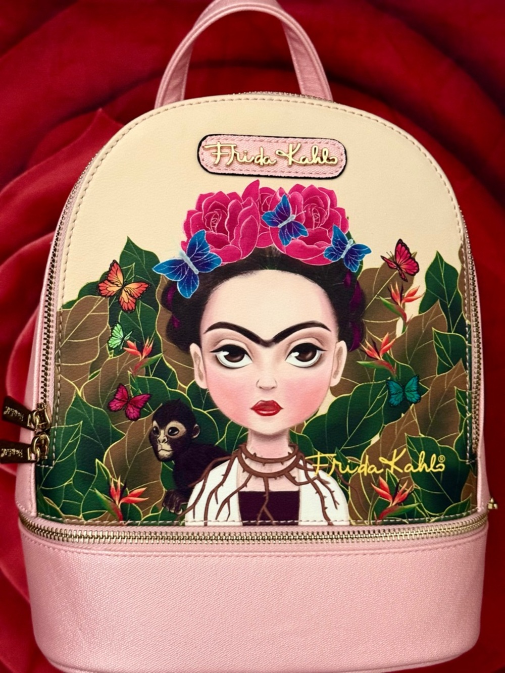 New Authentic Frida Kahlo cartoon Pink Floral Mini Faux leather Backpack w/tags